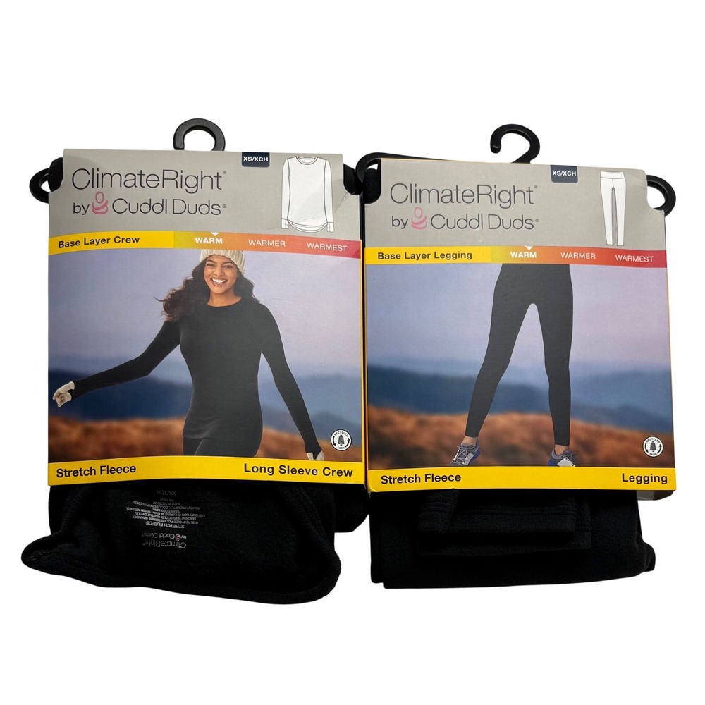 ClimateRight by Cuddl‎ Duds Womens Stretch Fleece Base Layer Set Black XS New